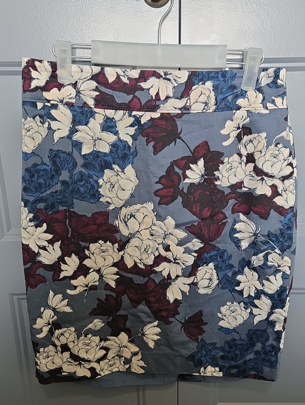 LOFT Floral Pencil Skirt in Blue, Cream, and Burgundy